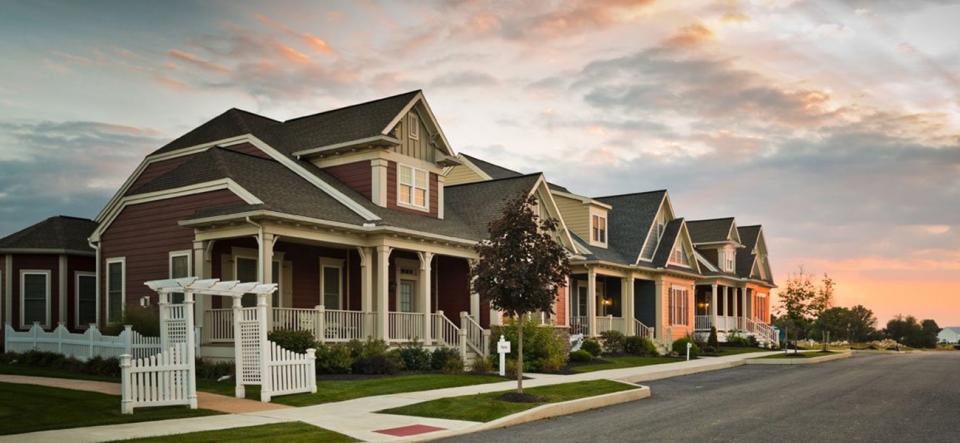 Neighborhood Street with Houses and Trees